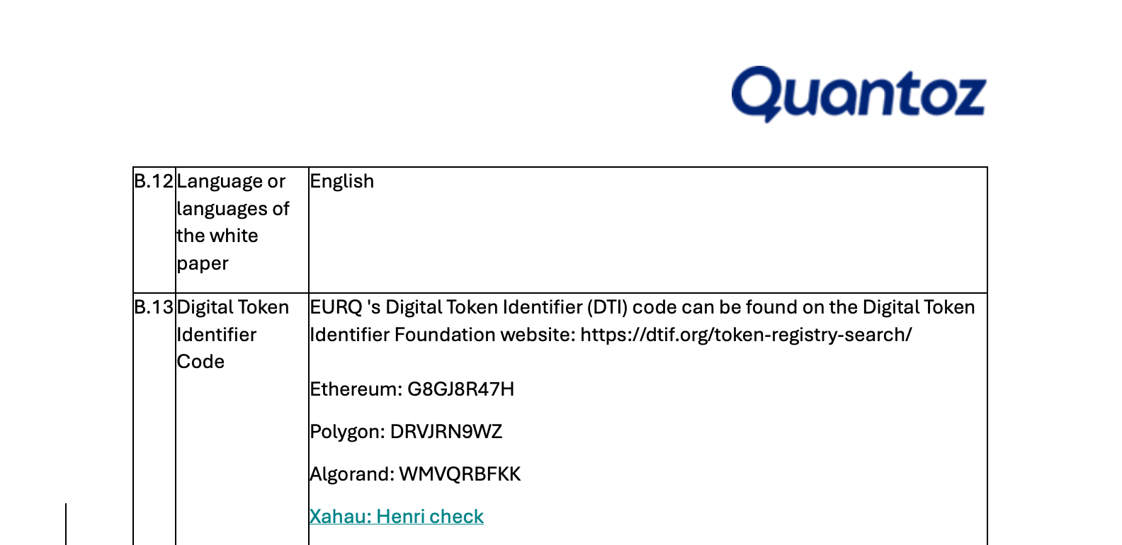 Screenshot of Quantoz's EURQ white paper from ESMA registry